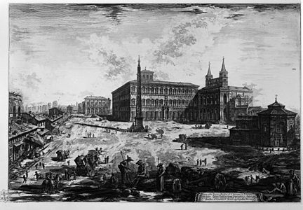 Vista da área do Latrão por Piranesi (séc. XVIII). Estão visíveis o Palácio de Latrão, a Basílica de São João de Latrão, o Obelisco Laterano e o Batistério de São João.