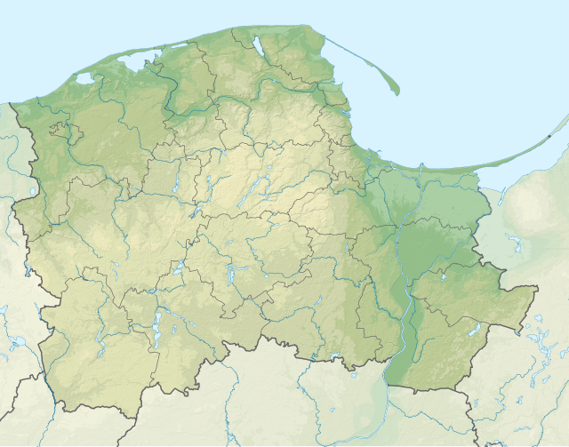Mapa konturowa województwa pomorskiego, po lewej nieco na dole znajduje się punkt z opisem „źródło”, natomiast na dole po lewej znajduje się punkt z opisem „ujście”