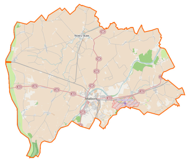 Mapa konturowa powiatu malborskiego, blisko centrum na dole znajduje się punkt z opisem „Malbork”