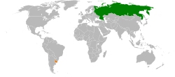 Mapo indikante lokojn de Rusio kaj Urugvajo