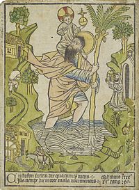 The earliest known woodcut, 1423, Buxheim, with hand-colouring Saint Christopher 001.jpg