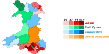 Constituency results of the 2016 Welsh Assembly election by party vote strength. Senedd Party Strength Map 2016.png