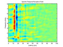 Graph displaying a connection between the frequency and latency of an STRF.