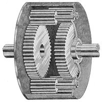 A spur gear differential constructed by engaging the planet gears of two co-axial epicyclic gear trains. The casing is the carrier for this planetary gear train. Spur gear differential (Manual of Driving and Maintenance).jpg