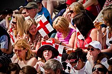 A crowd celebrates Saint George's Day at an event in Trafalgar Square in 2010. St George's Day 2010 - 14.jpg