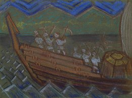 《弩手保衛三寶磨》，粉彩素描，阿克塞利·加倫-卡勒拉（20世紀早期）