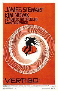 1958 tarihli Ölüm Korkusu (İngilizcesi Vertigo) filminin Saul Bass tarafından tasarlanan afişi. Alfred Hitchcock'un yönetmenliğini yaptığı filmde James Stewart ve Kim Novak başrolleri paylaşmıştır.
