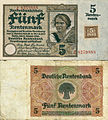 5 рентних марок, 1948 рік (дві дати: на самій купюрі 1937 та на наклейці 1948). Радянська зона окупації Східної Німеччини