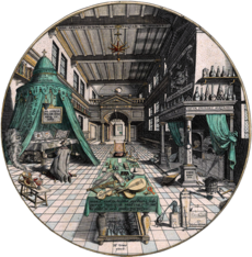 La supra bildo montras pentraĵon pri laboratorio de la alkemiisto far nederlanda artisto Hans Vredeman de Vries (1527-1607). Kaj kiel ĉiuj alkemiistoj, Bernardo da Treviso faris multajn eksperimentojn serĉe de la filozofa ŝtono.