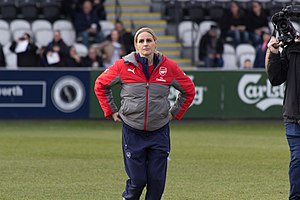 Smith with Arsenal in 2017: she played 117 games for England and four for Great Britain. Arsenal LFC v Kelly Smith All-Stars XI (038).jpg