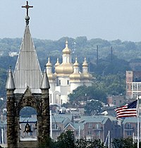 St. Michael's, a Ukrainian Catholic parish in Baltimore, 2009 (Church in background). Baltimore - church towers.jpg