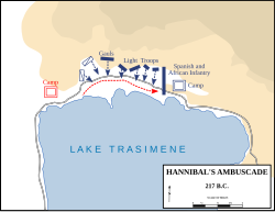 Карта северного берега озера Тразимен, показывающая расположение карфагенских войск