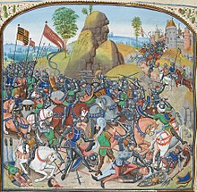 Miniature from Jean Froissart Chronicles depicting the Battle of Montiel (Castilian Civil War, in the Hundred Years' War) Battle of Montiel.jpg