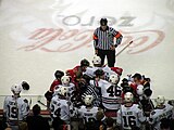 A scrum between the Hawks and Flames during the 2009 Stanley Cup Playoffs