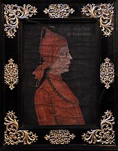Portrait d'un homme de profil, habillé en rouge, sur fond noir