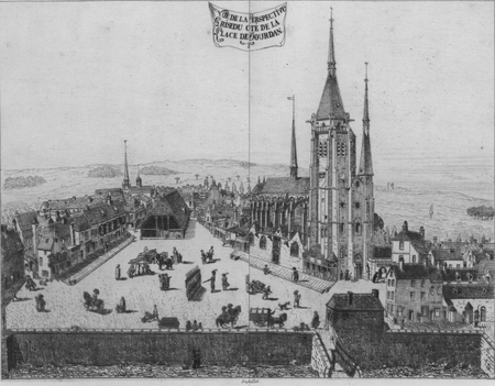 Dessin de 1807 de la place du Marché aux Grains de Dourdan, vue depuis le château