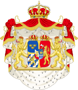 Escudo de la Unión personal de Suecia y Noruega (1844-1905) Armas de Suecia y Casa de Bjälbo, Noruega (segunda partición), Casa de Bjälbo. En escusón: Casa de Vasa y Casa de Bernadotte.