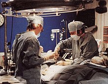 Technicians prepare a body for cryopreservation in 1985. Cryo surgery.jpg