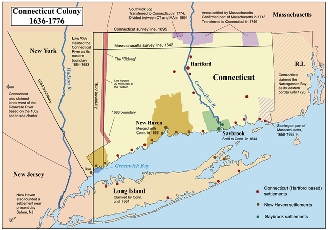 O hartă a coloniilor Connecticut, New Haven și Saybrook