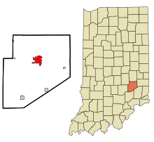 This picture shows the location of Greensburg within Decatur County and then the county's location within the state of Indiana.