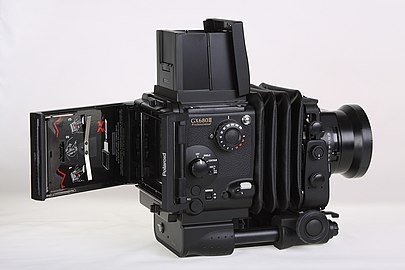 Fuji GX680III Professional Body with Extended Wideangle Bellows, Folding Waist-level Finder, EBC Fujinon Lens GX 65mm 1:5.6 and opened Instant Film Holder II