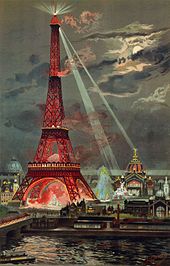 Illumination of the tower at night during the exposition; painted by Georges Garen [fr], 1889 Georges Garen embrasement tour Eiffel.jpg