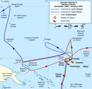 The South Pacific showing the routes taken by the German vessels and locations where Allied ships were sunk as described in the article