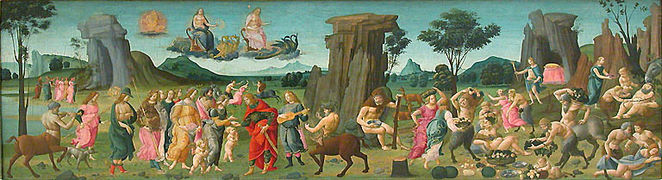 Cassone panel by Bartolomeo di Giovanni, 1490s, with the story of Priapus and Lotis at bottom right corner