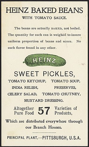 Binder label: Food Title: Heinz Baked Beans with Tomato Sauce [back] Date issued: 1870 - 1900 (approximate) Physical description: 1 print : chromolithograph ; 13 x 8 cm. Genre: Advertising cards Subject: Boys; Canned foods Notes: Title from item. Statement of responsibility: Heinz Collection: 19th Century American Trade Cards Location: Boston Public Library, Print Department  Rights: No known restrictions.