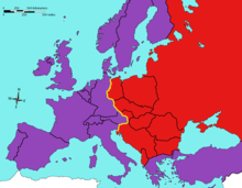 The Iron Curtain as described by Churchill at Westminster College. Note that Vienna (center, red regions, third down) lies east of the Curtain, as part of the Austrian Soviet-occupied zone of Austria. Iron Curtain as described by Churchill.PNG
