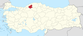 काराबुक प्रांतचे तुर्कस्तान देशाच्या नकाशातील स्थान