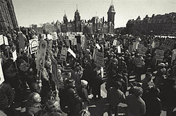 Demonstration against wage controls during World War II on Parliament Hill in Ottawa, Ontario Labour Demonstration against wage controls, Parliament Hill, 1942.jpg