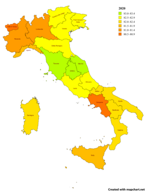 Life expectancy map of Italy 2020 -regions, names.png