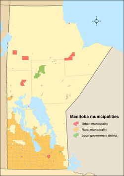 Mapo montranta lokojn de ĉiuj la municipoj de Manitobo