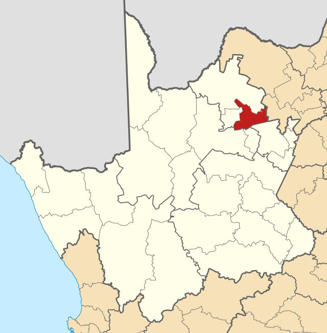 Kaart van Suid-Afrika wat Ga-Segonyana in Noord-Kaap aandui