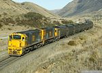 Two "Bumble bee" DX class locomotives of New Zealand Railways pulls a coal train on the Midland Line in 2006