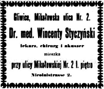 Ogłoszenie zamieszczone w gliwickim „Głosie Śląskim” (1903)