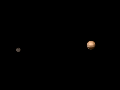 Pluto și Charon, la scară. Imagine făcută de New Horizons la 8 iulie 2015.