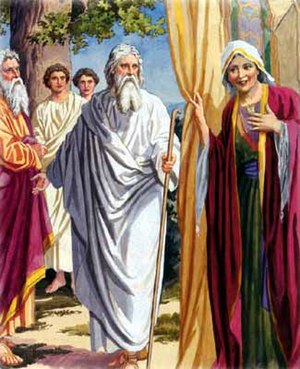 English: Sarah and Abraham hosting three angels