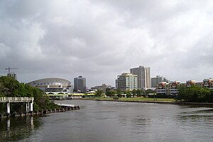 Hato Rey Norte skyline, with Martín Peña Canal and José Miguel Agrelot Coliseum