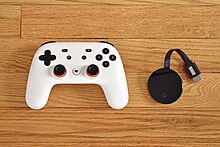 The "Founder's Edition" and "Premiere Edition" bundles for Stadia both included a controller and a Chromecast Ultra, although the controller colors differed. Stadia-controller-and-Chromecast-Ultra-from-Premiere-Edition.jpg