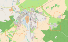 Mapa konturowa Trzebiatowa, w centrum znajduje się punkt z opisem „Trzebiatów”