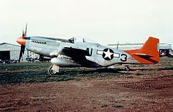 Stíhací letoun P-51 Mustang letců z Tuskegee s výrazně červeně nabarvenou ocasní částí, díky níž si letka vysloužila přezdívku Red Tails