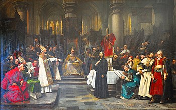 The Council of Constance (1414-1418) convened to end the Papal schism, which exacerbated growing nationalism in western Europe. At the Council representatives voted by "nations" as England, France and Germany, and later Spain. Painting by Vaclav Brozik, 1883. Vaclav Brozik - Hus.jpg