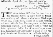 Newspaper item encouraging British settlement in Chebucta, Nova Scotia, 1749