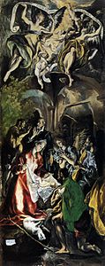 Adoración de los pastores, de El Greco, Manierismo. Un foco de luz central (el Niño Jesús) ilumina las figuras en su torno, en una escena nocturna.