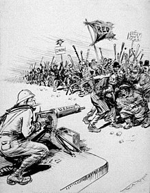 Anti-communist poster (1919) by William Allen Rogers in the New York Herald, depicting a U.S. Army soldier pointing a machine gun at a crowd of "reds" and "wobblies" holding signs in support of communism and a "Soviet Gov't for U.S." American anticommunism.jpg