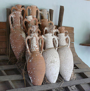 Hellenistic Amphorae, stacked the way they were probably transported in antiquity, display in the Bodrum Museum of Underwater Archaeology Amphorae stacking.jpg