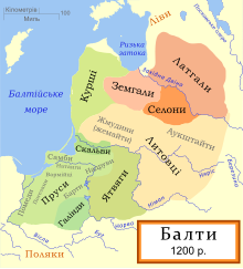 Пруси серед балтських племен. Західні балти позначені зеленим, східні - коричневим.