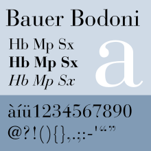 The Bauer Bodoni typeface, with samples of the three of the fonts in the family Bauer Bodoni Mostra.svg